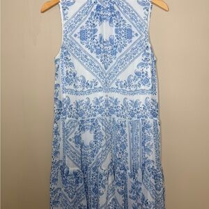 Blue Floral Sleeveless Dress high neck